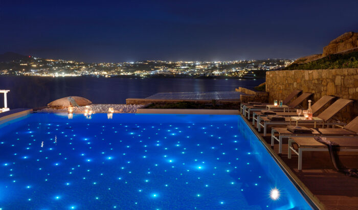 Sapphire pool with sea view by night